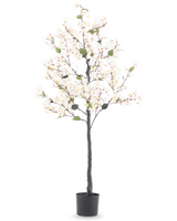 Le Bougainvillier Artificiel 150 cm blanc est un grand arbre artificiel avec des fleurs blanches et des feuilles vertes, dans un pot cylindrique noir sur un fond blanc uni.