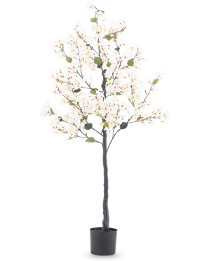 Le Bougainvillier Artificiel 150 cm blanc est un grand arbre artificiel avec des fleurs blanches et des feuilles vertes, dans un pot cylindrique noir sur un fond blanc uni.