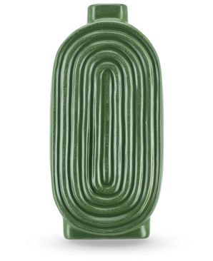 Le Vase Breaths 24 cm vert a une forme ovale nervurée et une petite ouverture en haut, idéal comme vase en céramique pour fleurs artificielles. Se tient debout sur un fond clair.