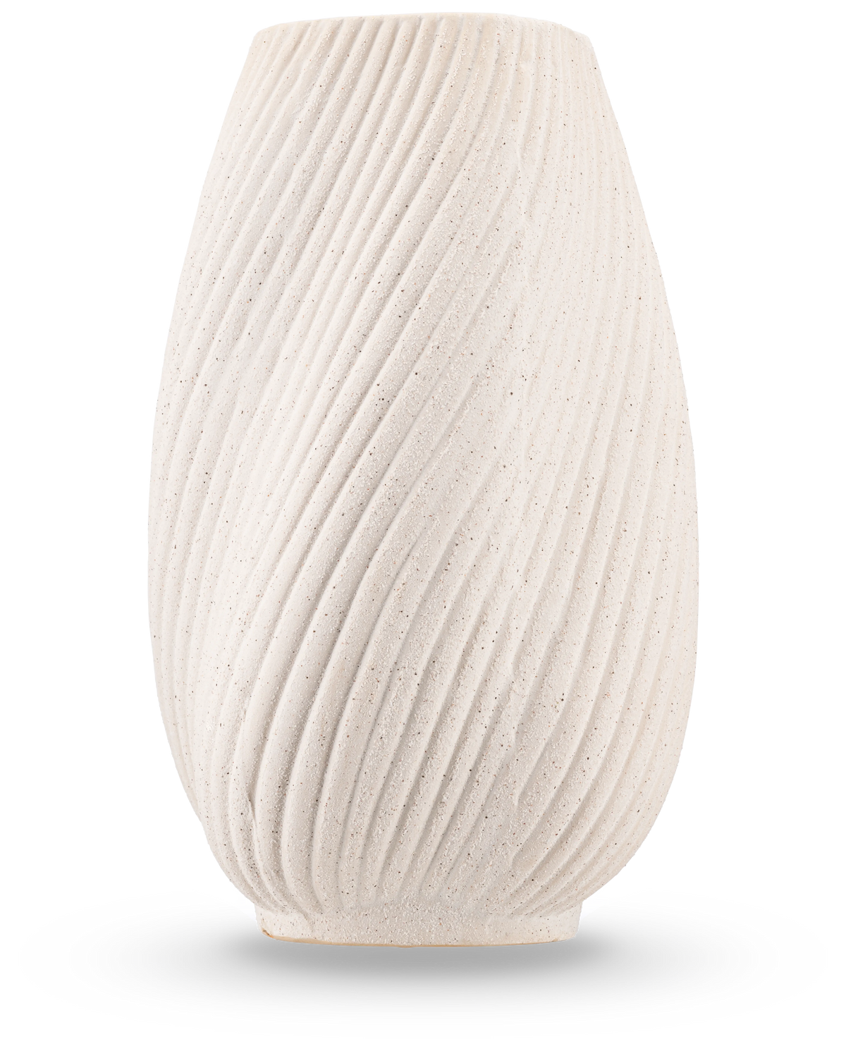 Le Vase Morning 25 cm beige est un vase en céramique structurée de couleur blanc cassé, de forme ronde et de stries diagonales en forme de vagues, sur un fond blanc uni. Idéal pour utiliser des fleurs en soie.