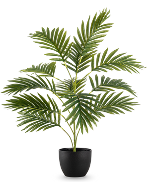 Le palmier artificiel Phoenix 65 cm, aux feuilles vertes luxuriantes, se dresse dans un élégant pot décoratif noir sur un fond blanc uni.