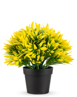 La Plante artificielle Soleil jaune en pot UV 22 cm a un pot de fleur noir avec une plante artificielle dense aux feuilles pointues jaunes et vertes, parfaite pour égayer n'importe quelle pièce.