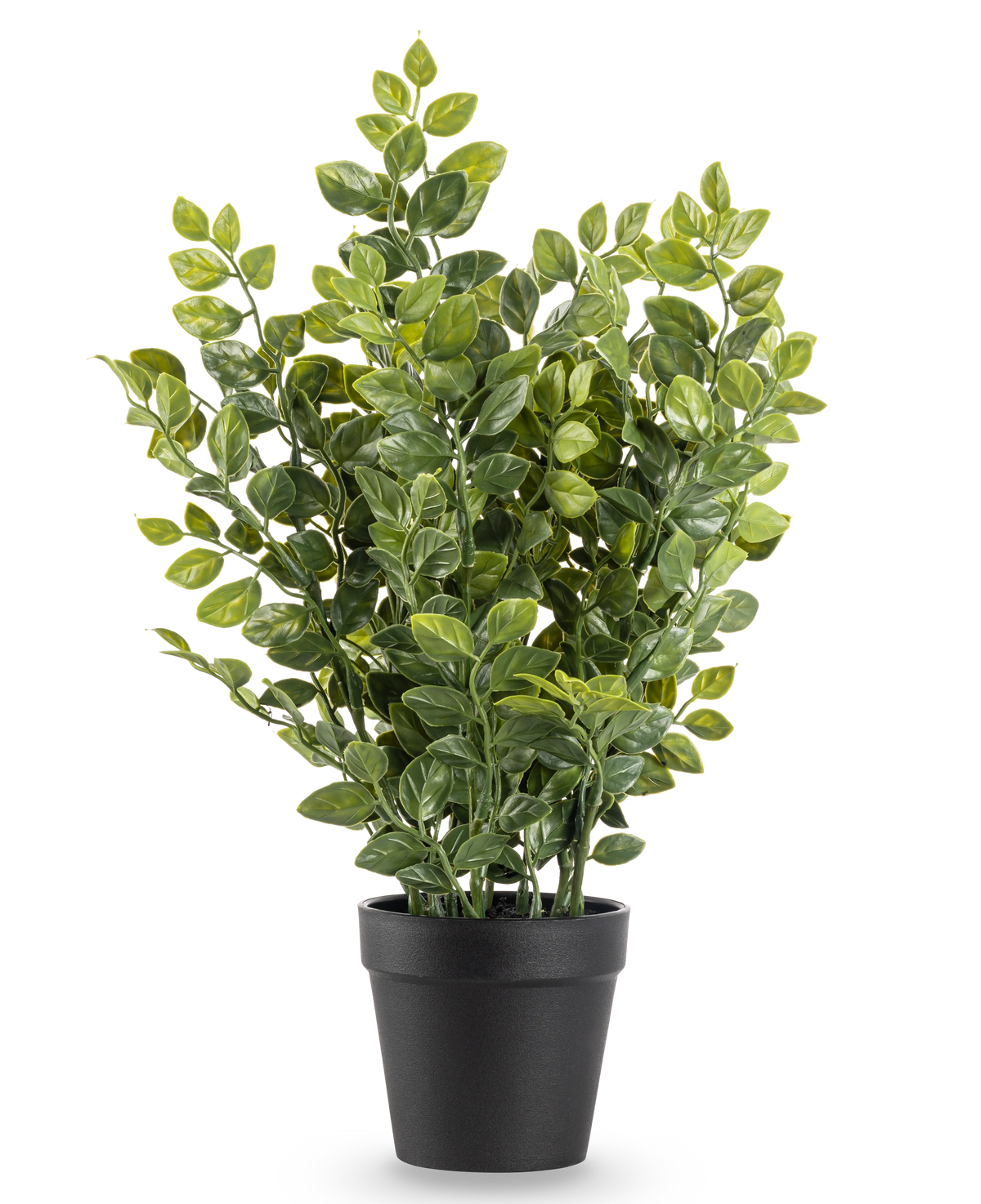 La Plante Artificielle Verte 35 cm est une plante artificielle réaliste en pot avec des feuilles vertes luxuriantes dans un simple pot noir, représentée sur un fond blanc uni.