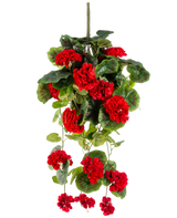 La plante artificielle suspendue Géranium 75 cm rouge a des fleurs de géranium artificielles rouge vif avec des feuilles vertes luxuriantes qui tombent élégamment.