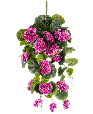 La plante artificielle suspendue Géranium 75 cm violet a des feuilles vertes luxuriantes et des grappes de fleurs violet-magenta vibrantes avec des bords blancs, qui tombent gracieusement sur une tige verticale pour un magnifique affichage suspendu.