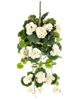 La Plante artificielle suspendue Géranium 75 cm blanc est une plante artificielle suspendue avec des bouquets de fleurs blanches et des feuilles vertes, verticales sur un fond uni blanc.