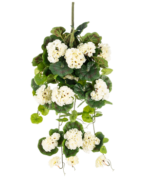 La Plante artificielle suspendue Géranium 75 cm blanc est une plante artificielle suspendue avec des bouquets de fleurs blanches et des feuilles vertes, verticales sur un fond uni blanc.