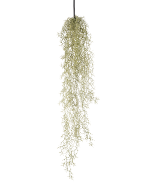 Une plante artificielle suspendue de 91 cm avec de longues feuilles vert clair traînantes est suspendue à un cordon noir sur un fond blanc uni.