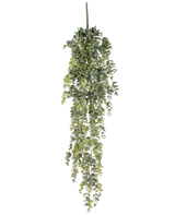 La plante artificielle suspendue Eucalyptus 60 cm a de petites feuilles vertes rondes et réalistes qui tombent, créant un eucalyptus artificiel réaliste sur un fond blanc uni.