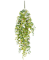 La plante artificielle suspendue Gardenia aux baies 81 cm est une plante artificielle suspendue avec des feuilles vertes et de petites baies rouges, représentées sur un fond blanc.