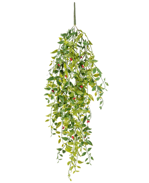 La plante artificielle suspendue Gardenia aux baies 81 cm est une plante artificielle suspendue avec des feuilles vertes et de petites baies rouges, représentées sur un fond blanc.