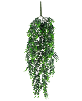 La plante artificielle suspendue Eucalyptus UV 80 cm possède des feuilles vertes denses en cascade et une tige visible au sommet, sur un fond blanc uni.
