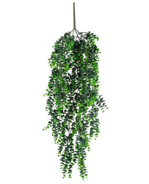 La plante artificielle suspendue Eucalyptus UV 80 cm possède des feuilles vertes denses en cascade et une tige visible au sommet, sur un fond blanc uni.