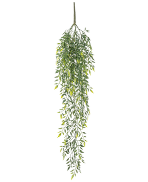 La Plante Artificielle Suspendue Bambou 90 cm est un arbuste artificiel en bambou suspendu doté de nombreuses petites feuilles sur de fines branches, sur un fond uni blanc.