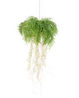 La Plante artificielle suspendue Fougère à racines d35 cm avec système de suspension possède des racines longues et fines et pend sans entretien sur une ficelle sur un fond blanc.
