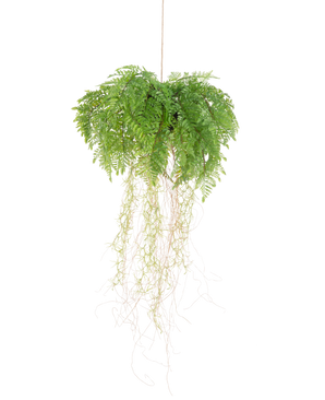 La Plante artificielle suspendue Fougère à racines d35 cm avec système de suspension possède des racines longues et fines et pend sans entretien sur une ficelle sur un fond blanc.