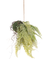 La plante artificielle suspendue Fougère givrée sur boule de 76 cm a des feuilles de fougère vertes réalistes et des racines exposées de style kokedama, suspendues à un cordon marron - parfaites pour ajouter de la verdure durable à n'importe quelle pièce.