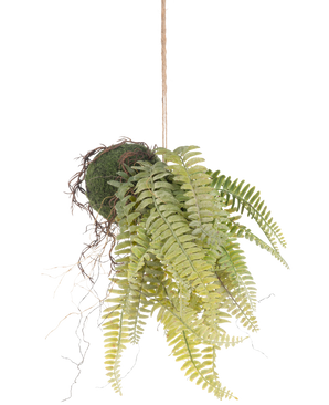 La plante artificielle suspendue Fougère givrée sur boule de 76 cm a des feuilles de fougère vertes réalistes et des racines exposées de style kokedama, suspendues à un cordon marron - parfaites pour ajouter de la verdure durable à n'importe quelle pièce.