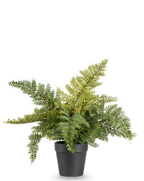 La fougère artificielle de 33 cm est une fougère artificielle verte luxuriante avec des feuilles plumeuses dans un simple pot noir, représentée sur un fond blanc uni.