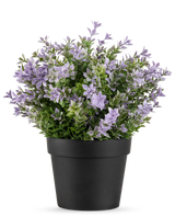 De Kunstplant Buxus paars UV 22 cm heeft een zwarte bloempot met een weelderige kunstplant met kleine lichtpaarse bloemen en groene bladeren tegen een effen witte achtergrond.