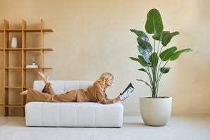 Une femme en tenue de détente marron lit un magazine sur un canapé blanc. Derrière elle, la plante artificielle Strelitzia 180 cm real touch apporte une verdure luxuriante à la décoration moderne et minimaliste.