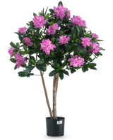 De Kunstplant Rhododendron 90 cm heeft twee slanke bruine stelen, groene bladeren en talloze felroze bloemen in volle bloei tegen een effen witte achtergrond.