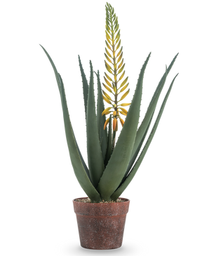 La plante d'Aloé Artificielle avec fleur 66 cm est un aloe vera artificiel en pot avec de longues feuilles vertes épaisses et une longue branche de fleur jaune, isolée sur fond blanc.