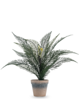 Plante artificielle Fougère Phoenix de 39 cm dans un pot simple en terre cuite patinée avec des feuilles vertes luxuriantes et plumeuses sur un fond blanc uni.