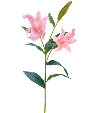 La Fleur Artificielle Lys Real Touch rose 95 cm possède une seule tige verte avec deux lys roses en fleurs et un bourgeon fermé, entouré de longues feuilles vertes pointues, sur un fond blanc.