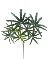 La Branche Artificielle Ming Aralia spray 68 cm FR possède des feuilles vertes et épineuses qui se ramifient à partir de tiges fines, sur un fond blanc uni.