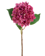 Une fleur d'hortensia artificielle Real Touch rouge-violet avec des feuilles vertes, de 58 cm de haut.