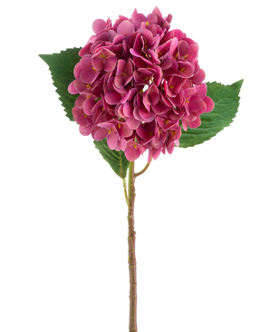 Une fleur d'hortensia artificielle Real Touch rouge-violet avec des feuilles vertes, de 58 cm de haut.