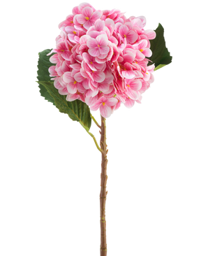 La fleur artificielle Hortensia Real Touch rose 58 cm est une simple tige d'hortensia artificielle rose avec des feuilles vertes, avec une fleur ronde de nombreux petits pétales, magnifiquement détaillée et isolée sur un fond blanc.