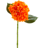 La Fleur Artificielle Charlotte Hortensia Real Touch orange 55 cm présente une fleur d'hortensia orange vif avec des pétales, une tige verte et deux grandes feuilles vertes sur un fond blanc.