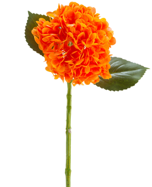 La Fleur Artificielle Charlotte Hortensia Real Touch orange 55 cm présente une fleur d'hortensia orange vif avec des pétales, une tige verte et deux grandes feuilles vertes sur un fond blanc.