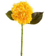 La Fleur Artificielle Charlotte Hortensia Real Touch en jaune, 55 cm, est une fleur d'hortensia artificielle simple avec des feuilles vertes et une longue tige, sur un fond blanc.