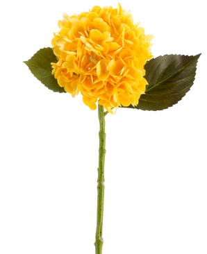 La Fleur Artificielle Charlotte Hortensia Real Touch en jaune, 55 cm, est une fleur d'hortensia artificielle simple avec des feuilles vertes et une longue tige, sur un fond blanc.