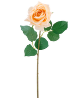 La fleur artificielle Crystal touch rose hydratante Real Touch en champagne est une rose artificielle simple avec des feuilles vertes sur une tige mince de 43 cm de long, représentée sur un fond blanc uni.
