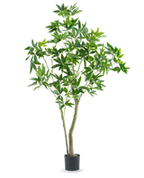 La Plante Artificielle Pachira 180 cm possède des troncs élancés et des feuilles vertes abondantes, présentées dans un pot haut sur un fond blanc uni.