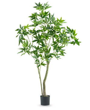 La Plante Artificielle Pachira 180 cm possède des troncs élancés et des feuilles vertes abondantes, présentées dans un pot haut sur un fond blanc uni.