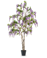 La plante de glycine artificielle 280 cm est une grande glycine artificielle dans un pot noir, avec de multiples troncs bruns minces et des fleurs violettes en cascade avec des feuilles vertes, sur un fond blanc uni.