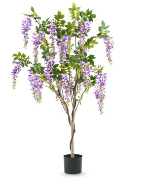 De Kunstplant Blauweregen 150 cm is een kunst blauwe regen in pot met groene bladeren en paarse bloemen, tegen een effen witte achtergrond.