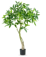 La Plante Artificielle Pachira 150 cm est une grande plante d'intérieur en pot avec plusieurs troncs élancés et des touffes de larges feuilles vertes brillantes sur un fond blanc uni.