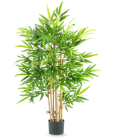 La Plante Artificielle Bambou 120 cm est un grand bambou en pot avec plusieurs fines tiges jaunâtres et de nombreuses feuilles vertes longues et étroites, sur un fond blanc uni.