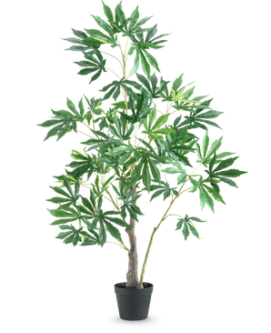 La Plante Artificielle Chanvre Feuilles de Cannabis 120 cm est une plante artificielle haute en pot avec plusieurs branches fines et des bouquets de grandes feuilles vertes aux bords dentelés sur un fond uni blanc.