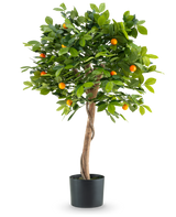 De Kunstplant Sinaasappelboom 90 cm is een sinaasappelboom in pot met een gedraaide stam, weelderige groene bladeren en kleine oranje vruchten tegen een effen witte achtergrond.