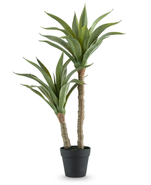 La plante artificielle Agave 76 cm possède deux tiges longues et épaisses avec de longues feuilles vertes pointues dans un pot noir, sur un fond blanc uni.