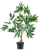 Une plante artificielle de chanvre, feuilles de cannabis de 60 cm, avec un tronc fin et plusieurs branches pleines de grandes feuilles vertes fantaisistes, sur un fond blanc uni.