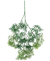 Le spray Kunsttak Ming Aralia 72 cm présente des feuilles artificielles vertes, légères comme une plume, avec de fins bords en forme d'aiguilles dans diverses nuances de vert, suspendues à l'envers sur un fond blanc.