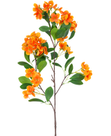 De Kunstbloem Sneeuwbal Real Touch Oranje 80 cm heeft trossen levendige oranje bloemen en groene bladeren op slanke bruine stelen, tegen een effen witte achtergrond.